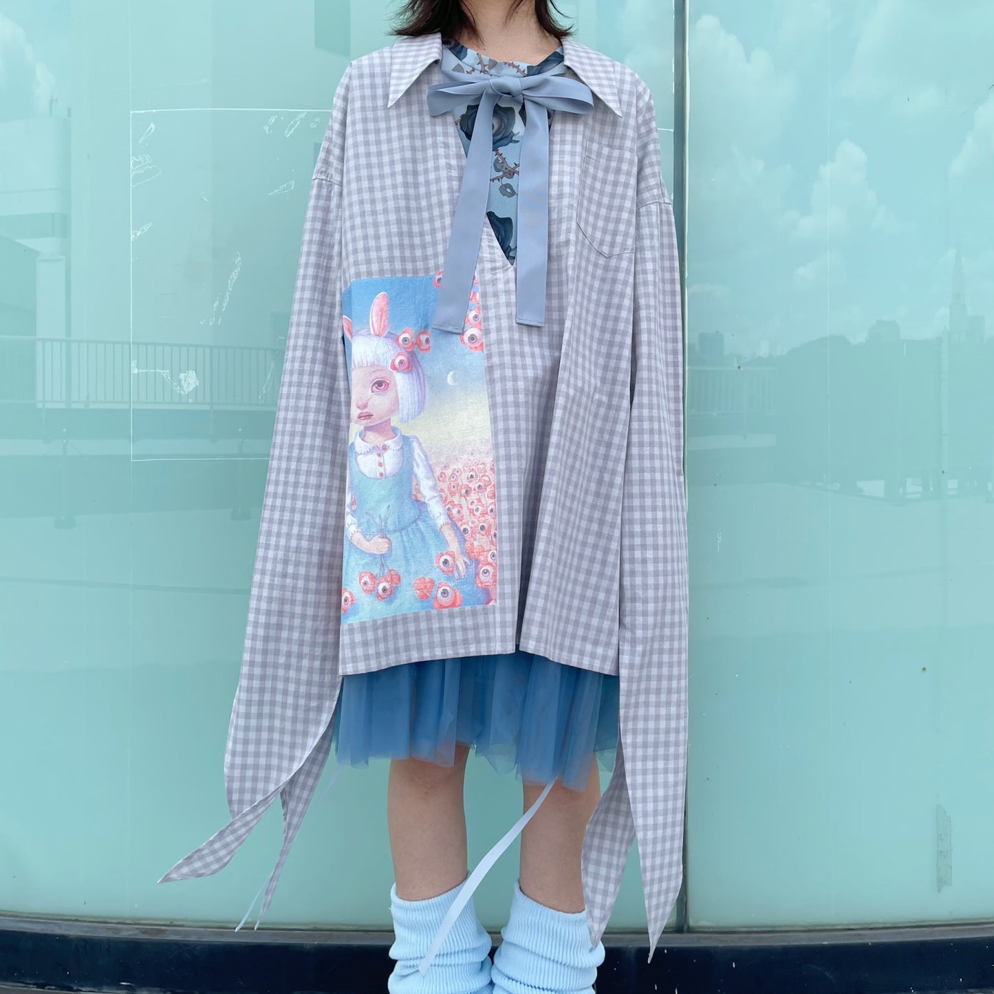 RIBBON SHIRT USAGI DAMA / GREY CHECK / チェックリボンシャツ