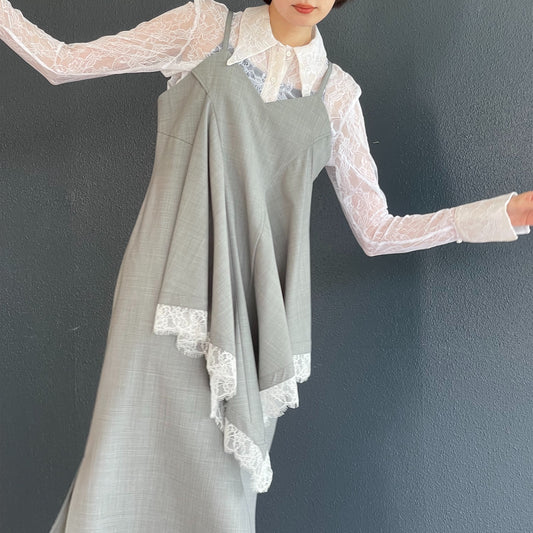 Chief dress / light gray × white lace / ドレープレースドレス