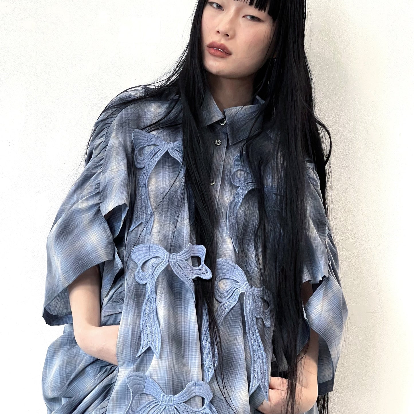 COCOON RIBBON SHIRT / BLUE / リボンコクーンシャツ