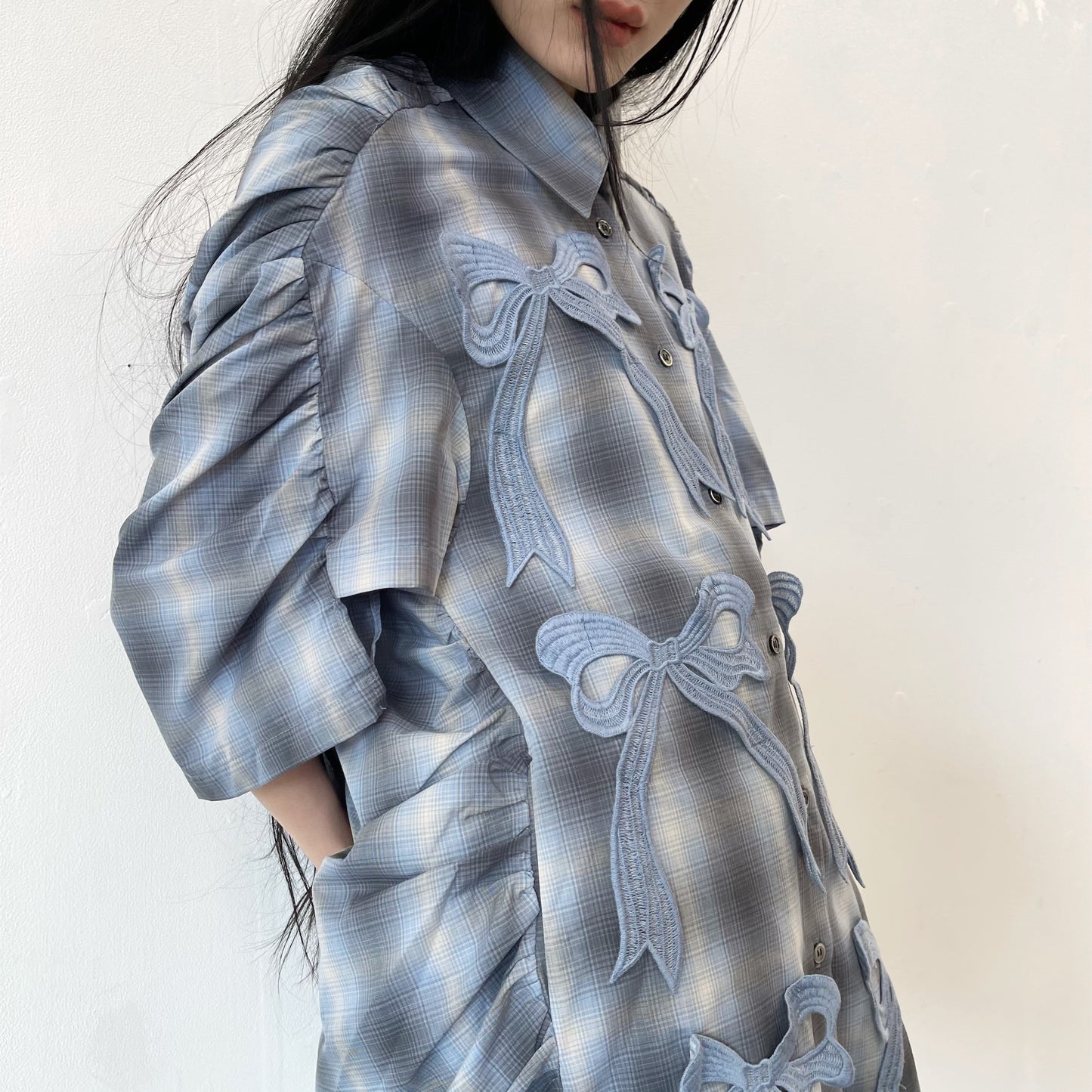 COCOON RIBBON SHIRT / BLUE / リボンコクーンシャツ