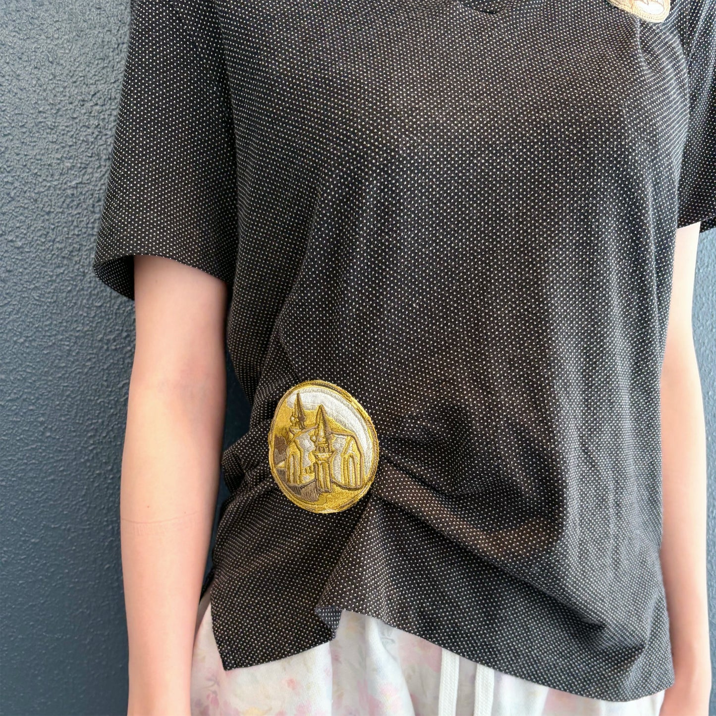 coin and ring embroidery patch polo / black / 刺繍モチーフポロトップ