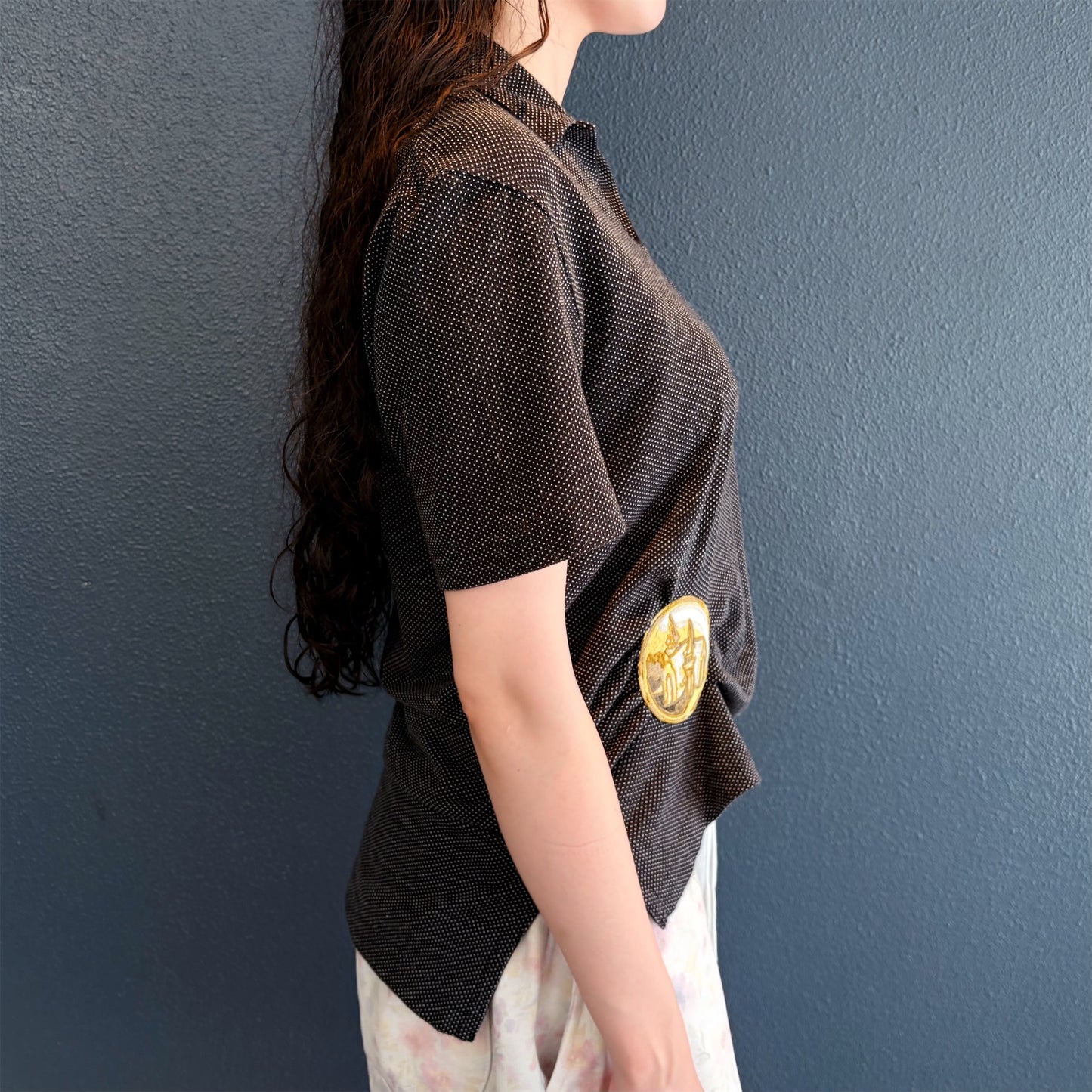 coin and ring embroidery patch polo / black / 刺繍モチーフポロトップ