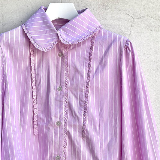 BACK OPEN SHIRT STRIPE / PINK / フリルストライプシャツ