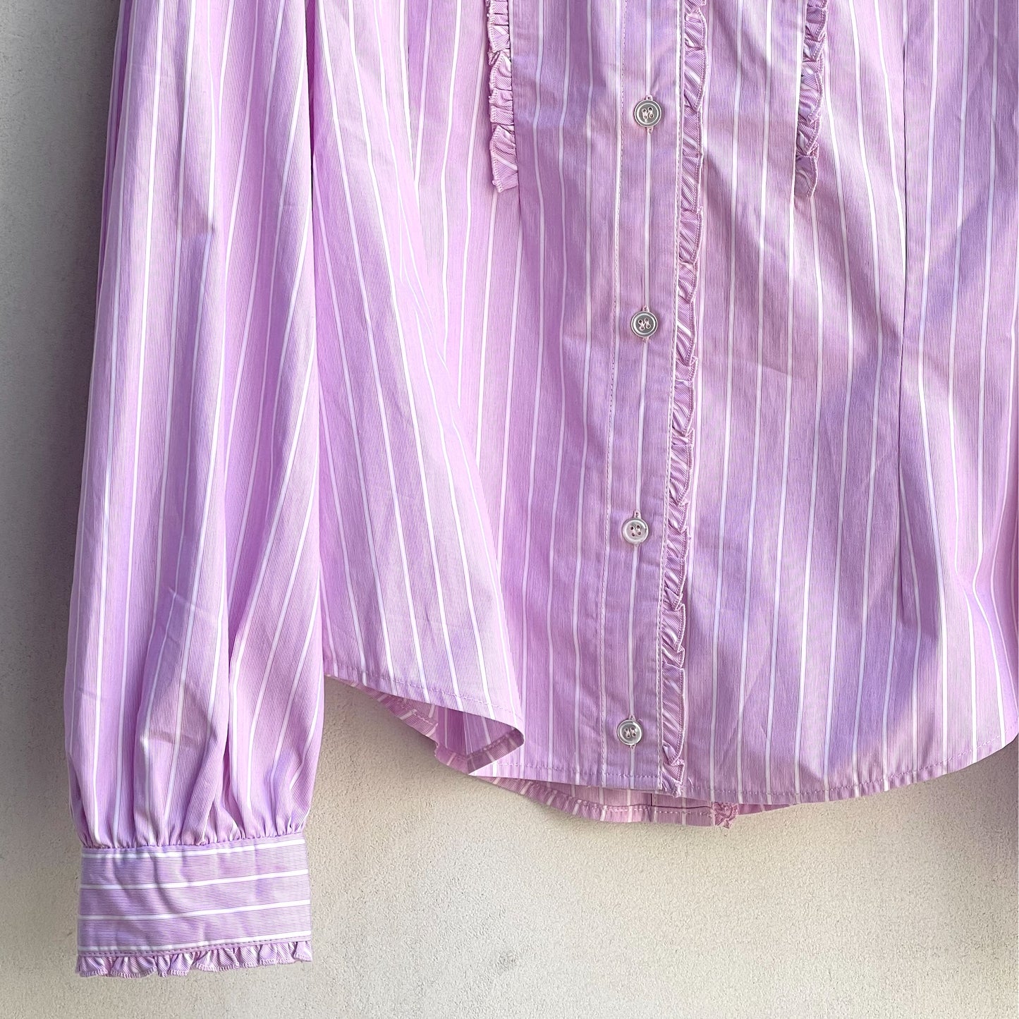 BACK OPEN SHIRT STRIPE / PINK / フリルストライプシャツ