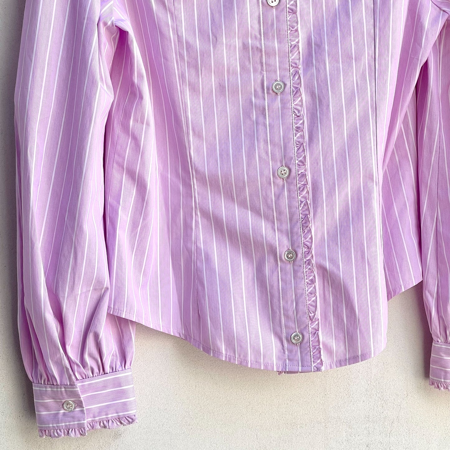 BACK OPEN SHIRT STRIPE / PINK / フリルストライプシャツ