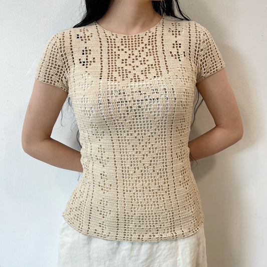 crochet t-shirts / beige / クロシェ編みTシャツ