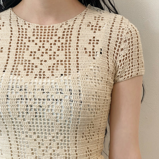 crochet t-shirts / beige / クロシェ編みTシャツ