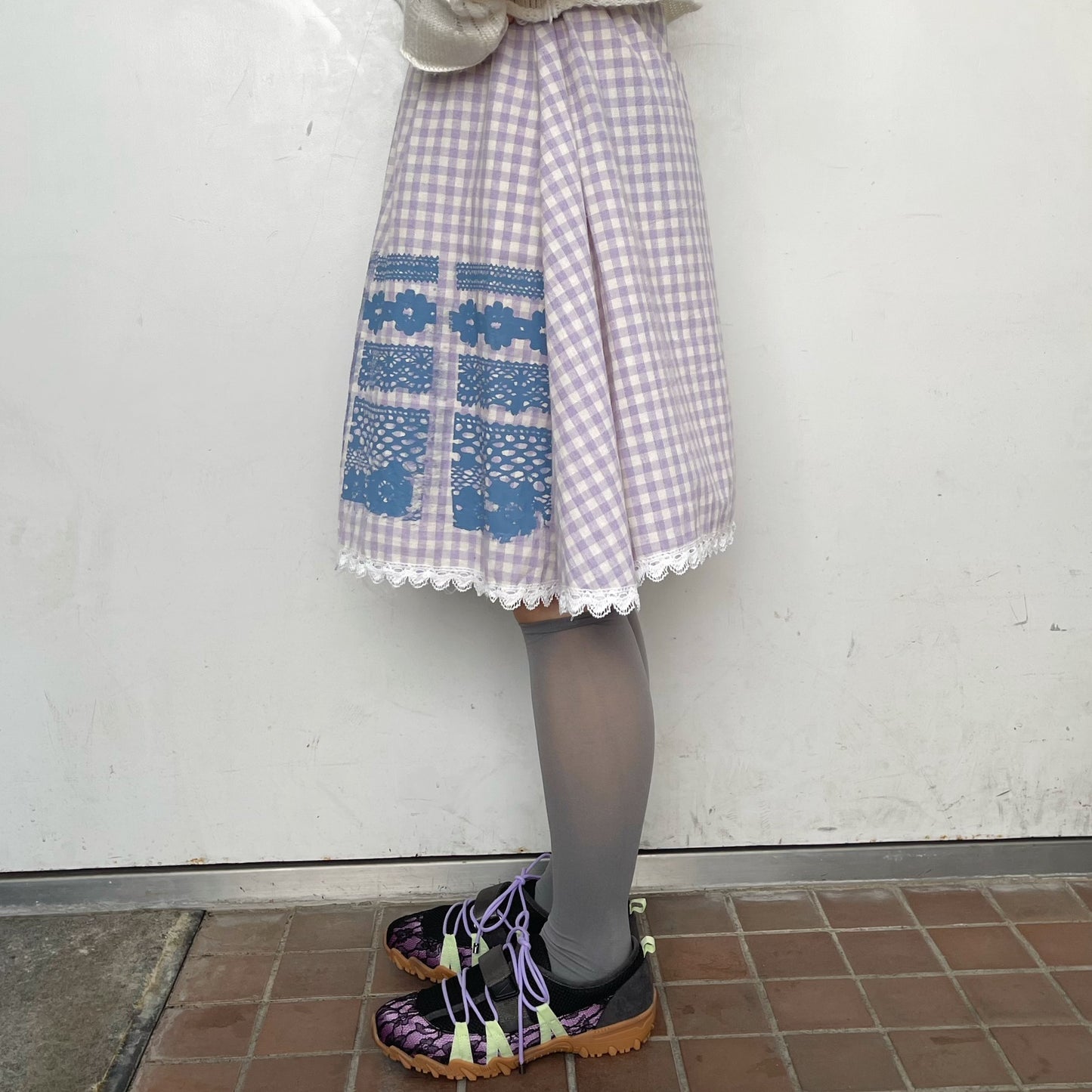 Print lace skirt / Purple check / プリントレーススカート