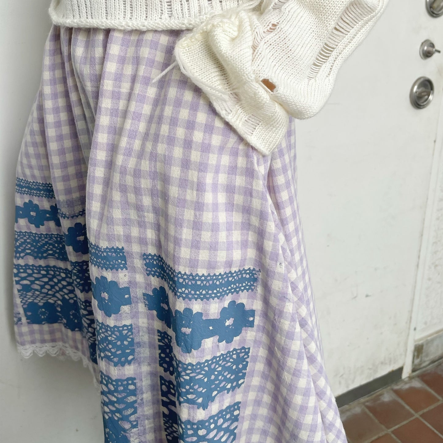 Print lace skirt / Purple check / プリントレーススカート