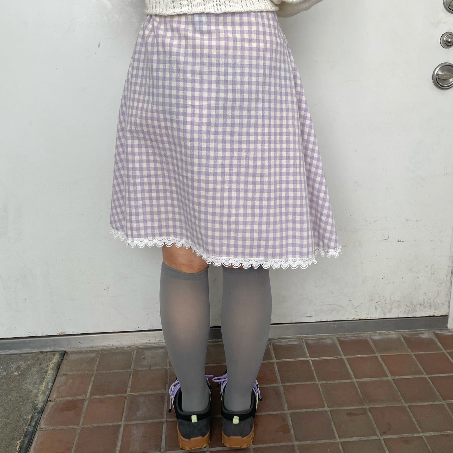 Print lace skirt / Purple check / プリントレーススカート