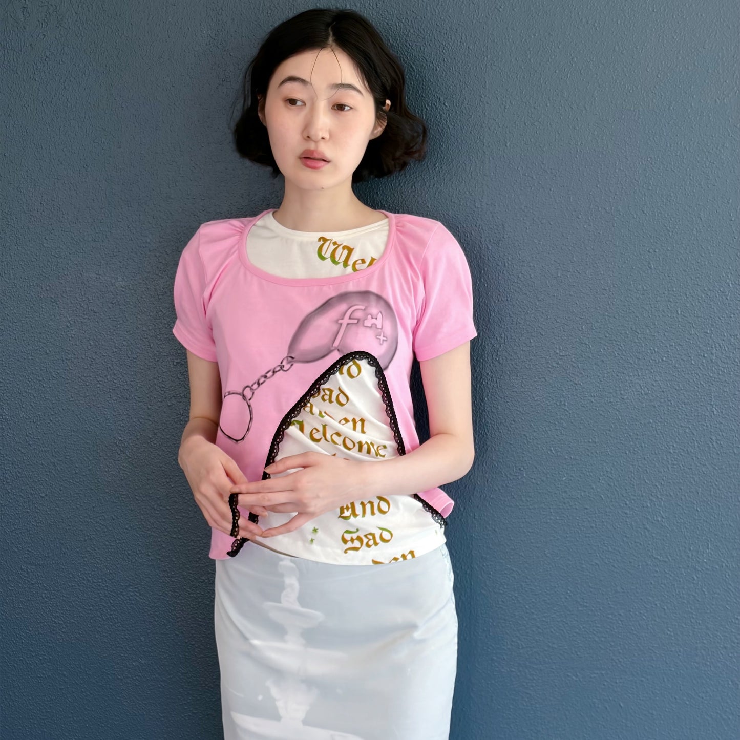 shell key chain print square neck top / pink / グラフィックTシャツ