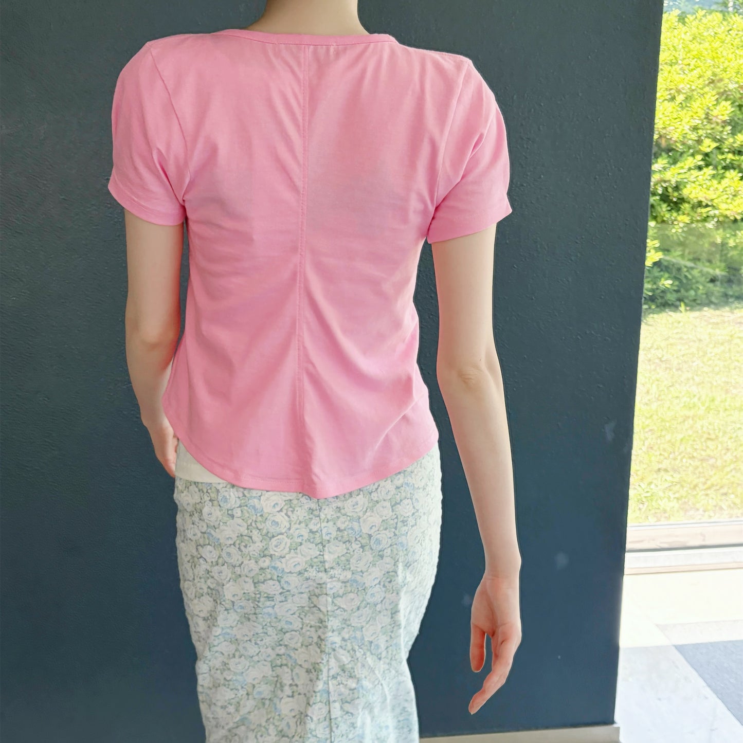 shell key chain print square neck top / pink / グラフィックTシャツ