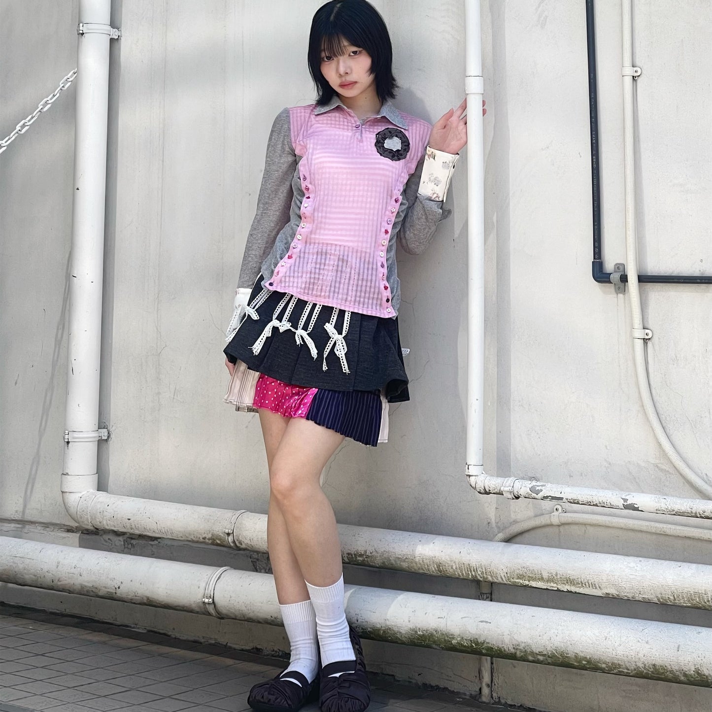 Fiocchi Mini Skirt / Gray / リボンプリーツミニスカート