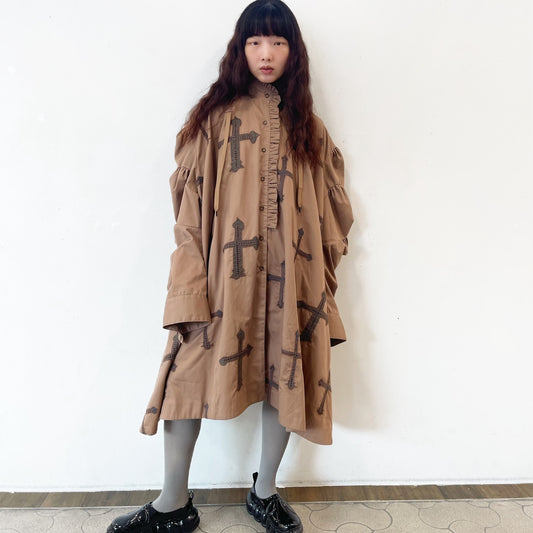 BIG BOUQUET BLOUSE CROSS EMBROIDERY / BROWN / オーバーサイズシャツドレス