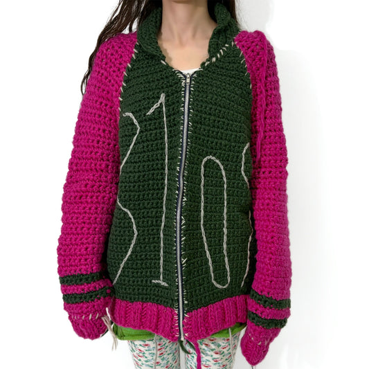 Number jacket / Khaki × Pink / ナンバリングニットブルゾン