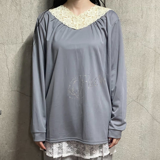 [fa.er.ie] lace V neck shirring top / dark grey / Vネックシャーリングトップ