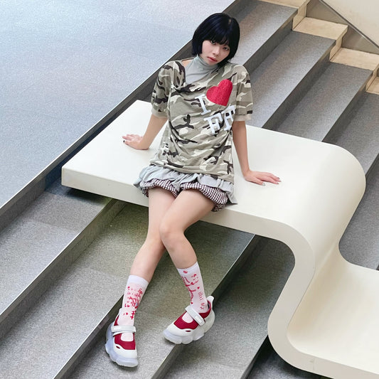 [fa.er.ie] cowl neck button t-shirt / camo / スターボタンカモTシャツ