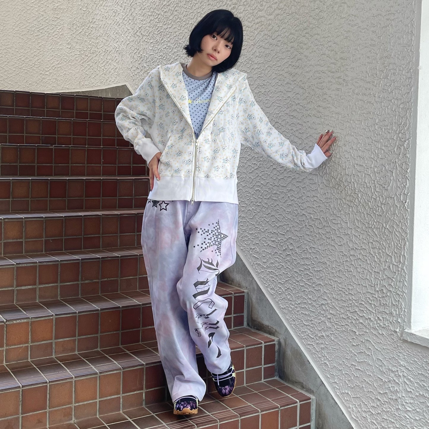 [F.E.E.S] popping heart&star zip-up / white / サーマルジップアップフーディー