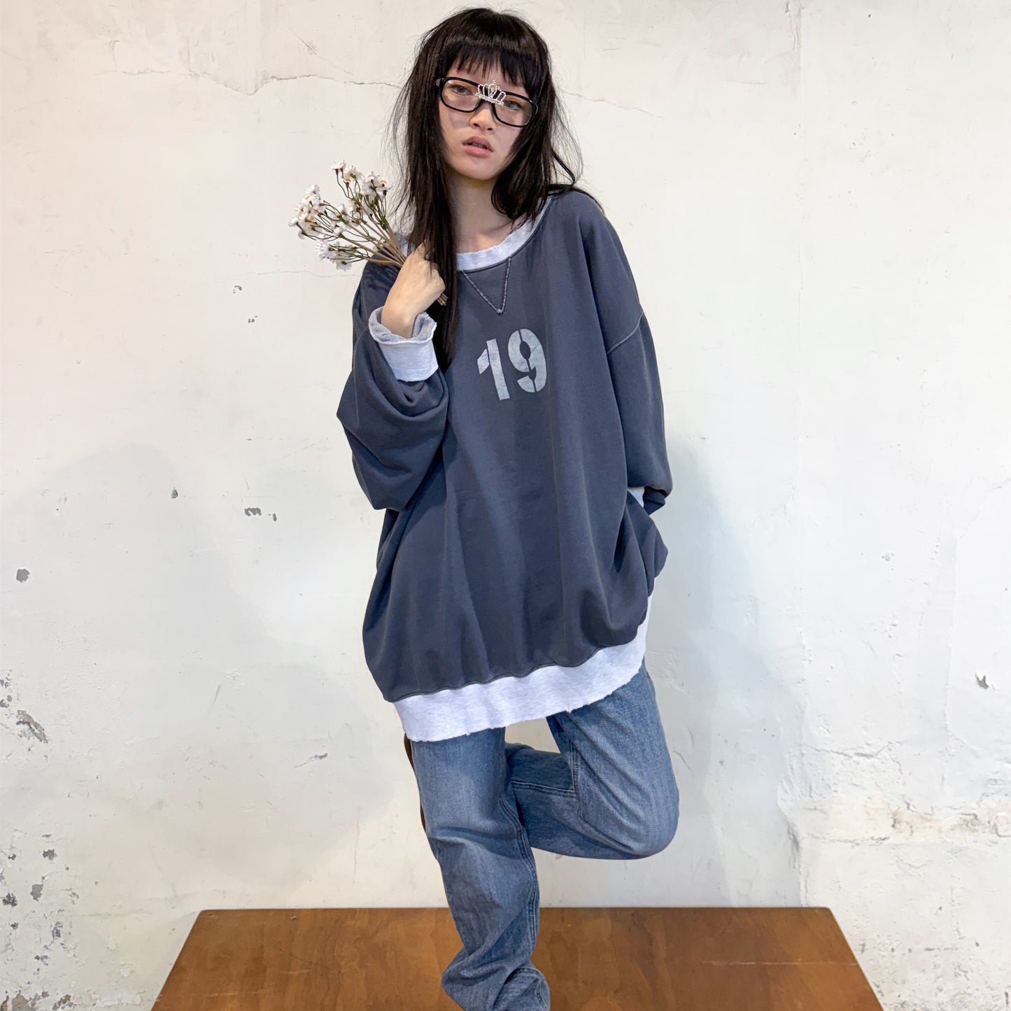 [F.E.E.S] number boxy MTM / navy / オーバーサイズスウェット