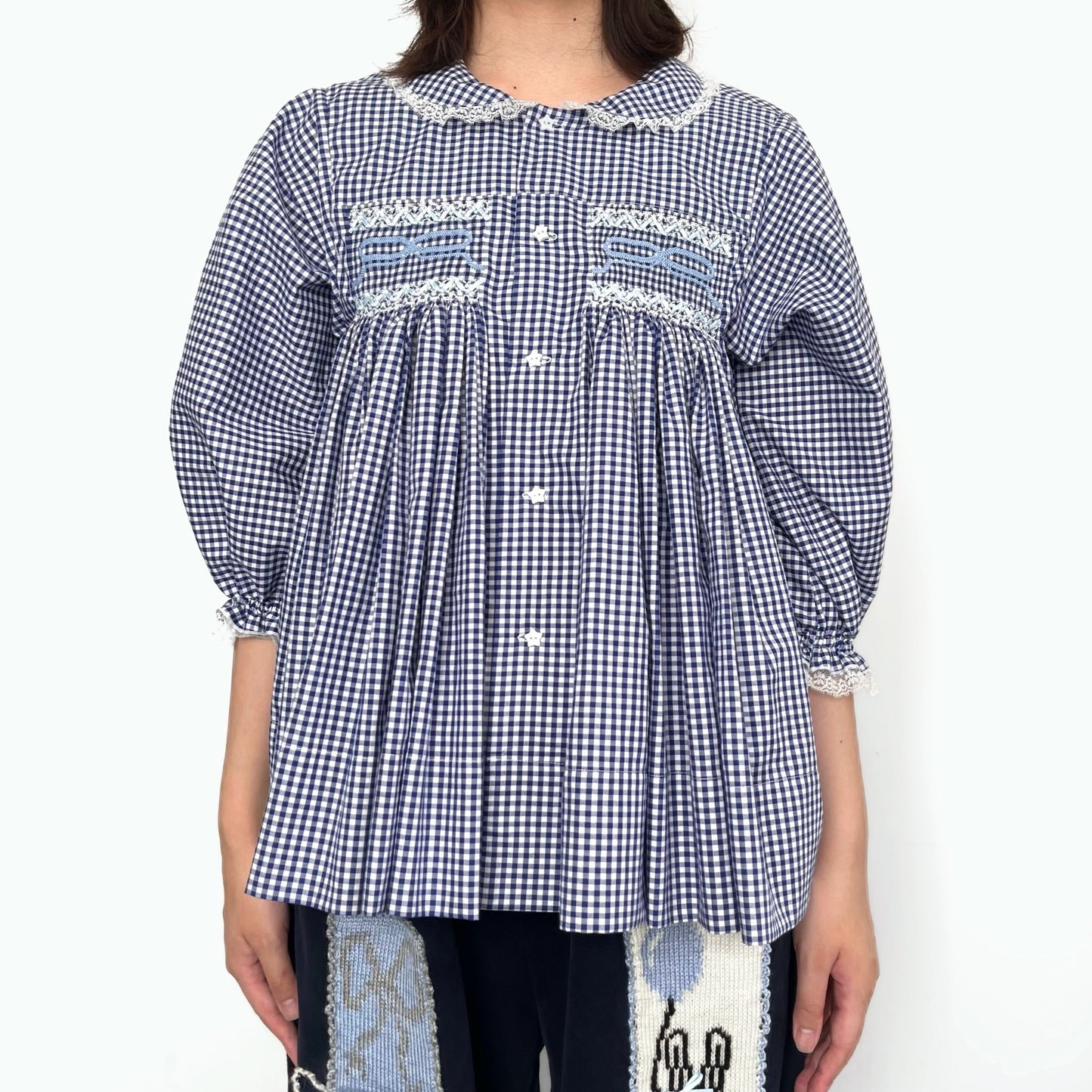 Smocking ribbon blouse / Blue / スモッキングリボンブラウス