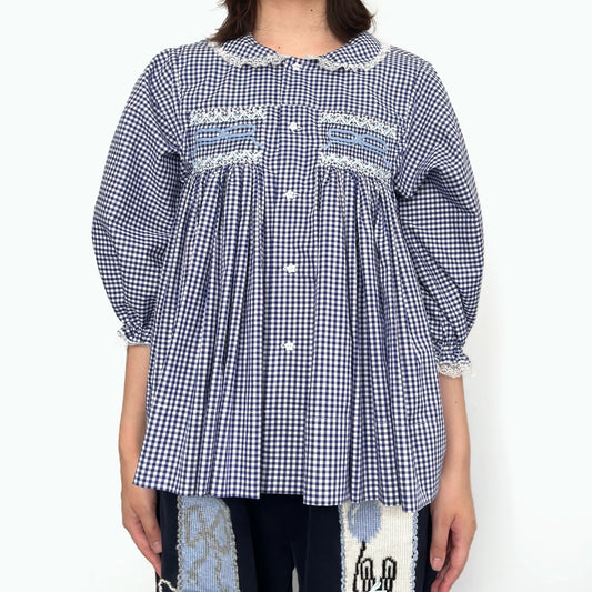 Smocking ribbon blouse / Blue / スモッキングリボンブラウス
