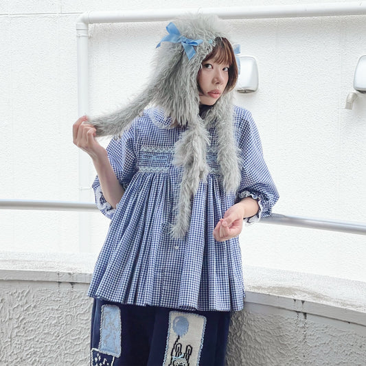 Smocking ribbon blouse / Blue / スモッキングリボンブラウス