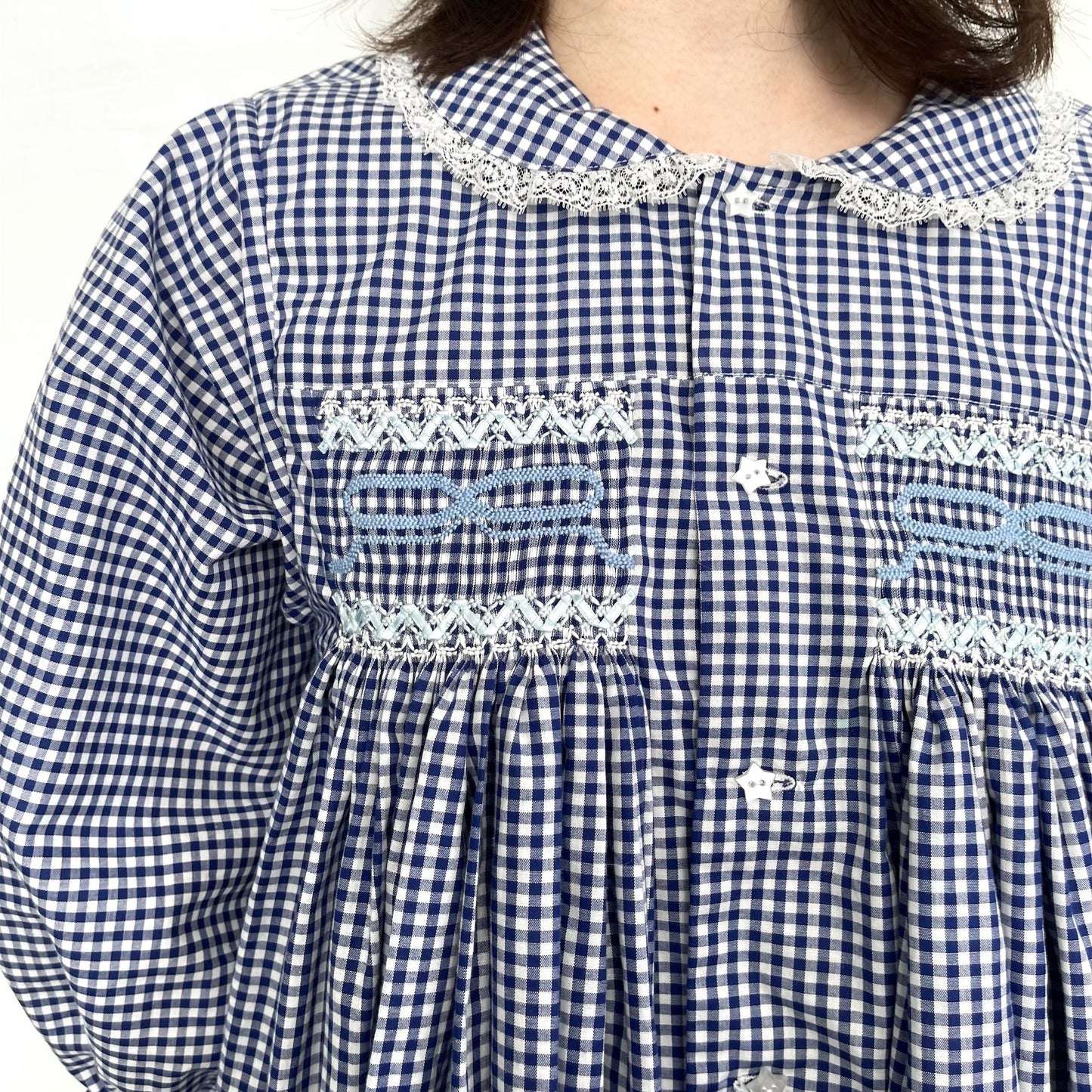 Smocking ribbon blouse / Blue / スモッキングリボンブラウス