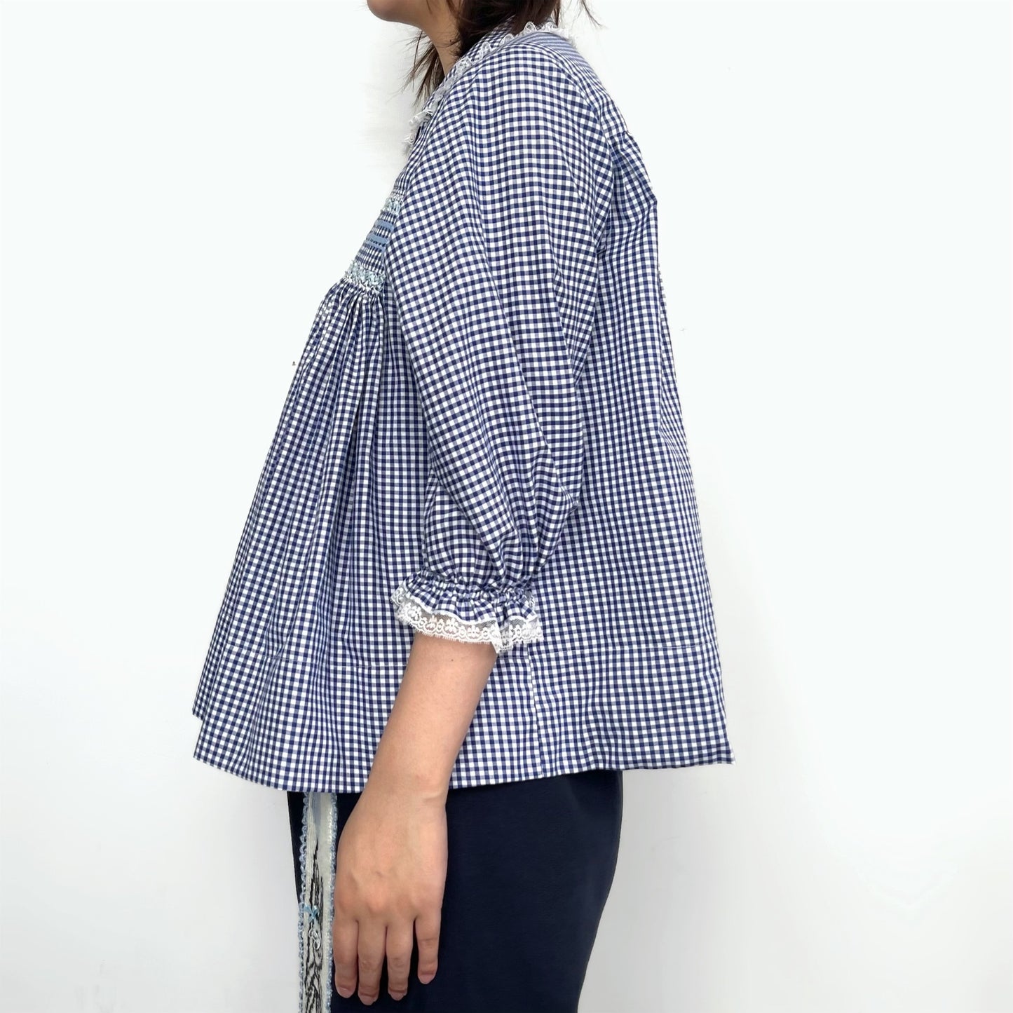 Smocking ribbon blouse / Blue / スモッキングリボンブラウス