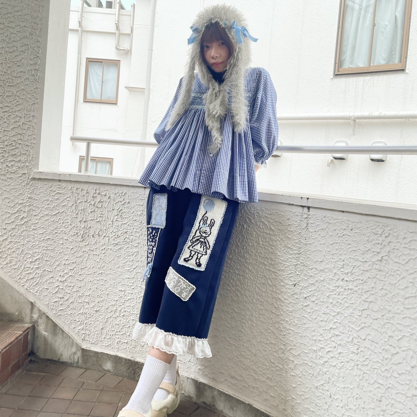 Smocking ribbon blouse / Blue / スモッキングリボンブラウス