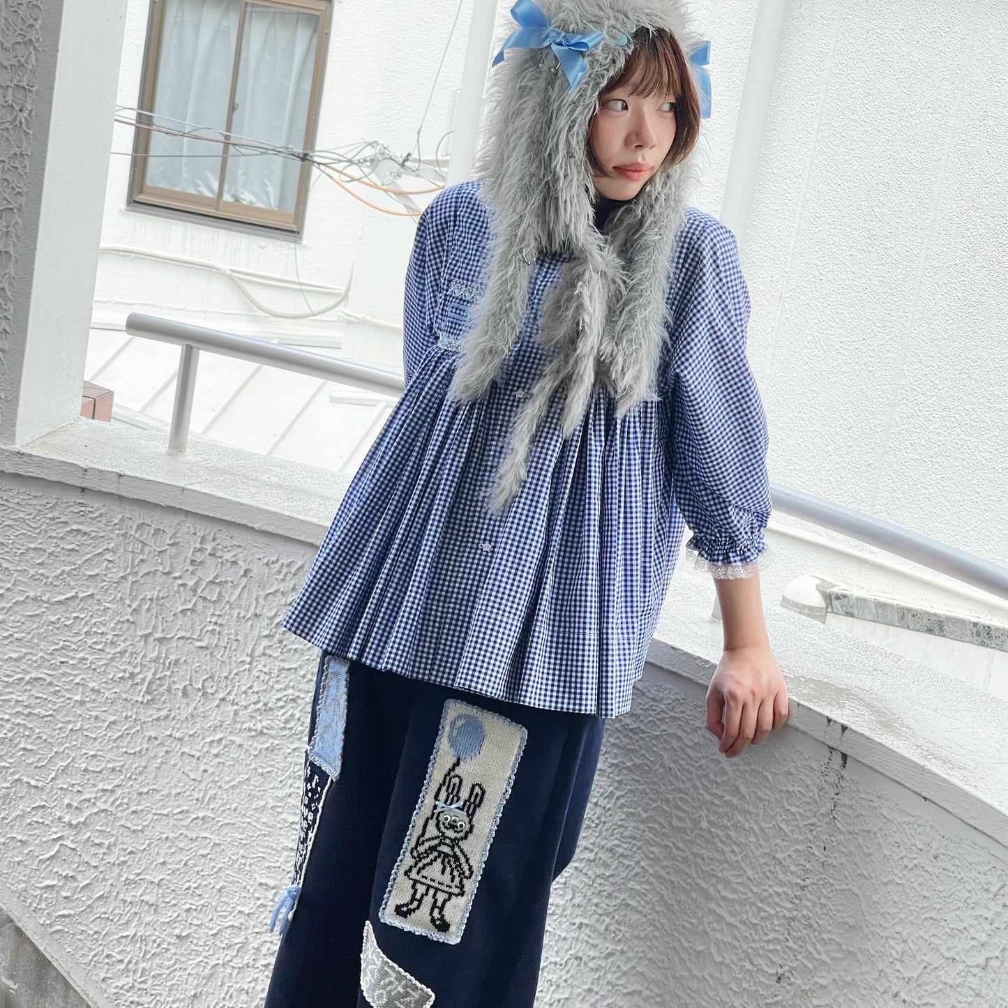 Smocking ribbon blouse / Blue / スモッキングリボンブラウス