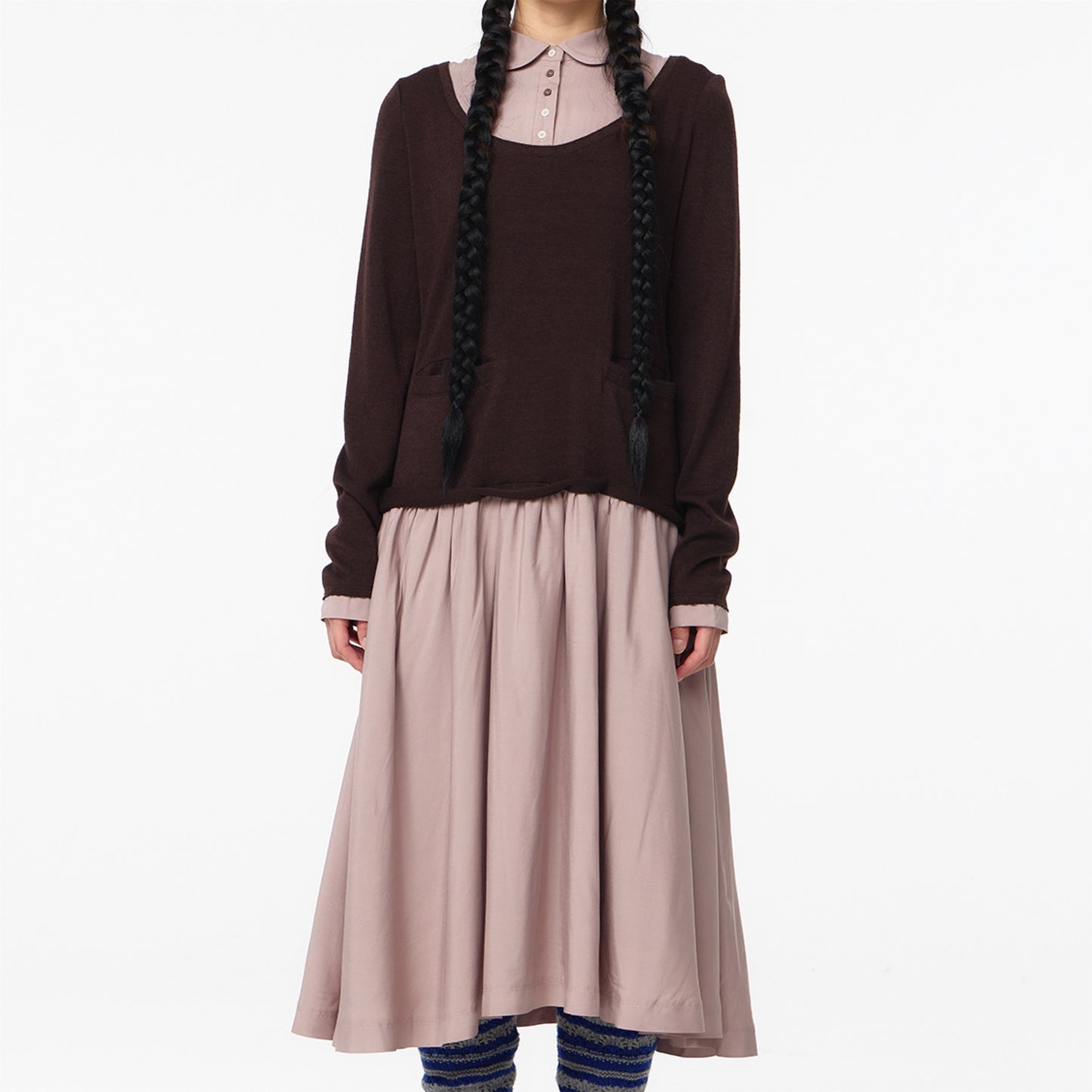 LAYERED SHIRT CARDIGAN SHIRRING DRESS / DARK BROWN / ニットレイヤードドレス