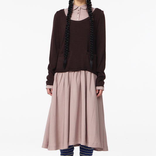 LAYERED SHIRT CARDIGAN SHIRRING DRESS / DARK BROWN / ニットレイヤードドレス