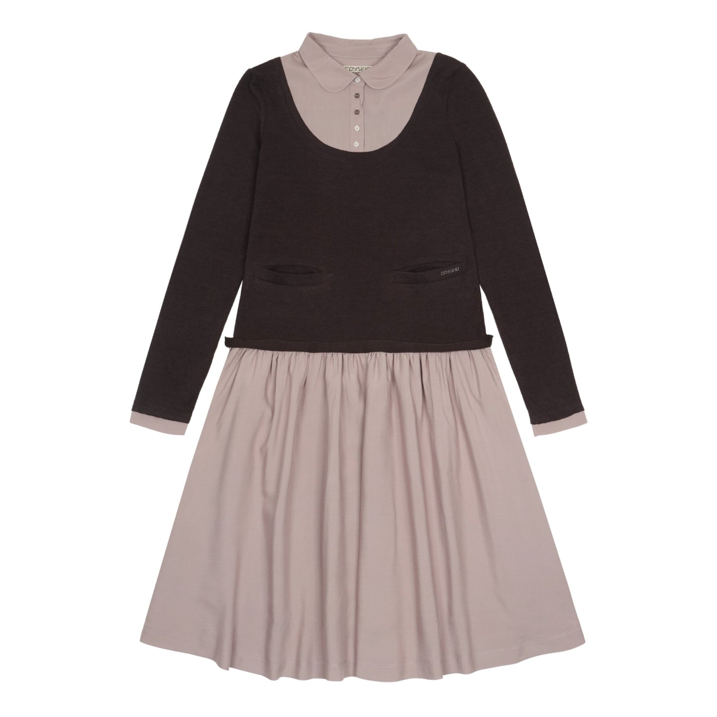LAYERED SHIRT CARDIGAN SHIRRING DRESS / DARK BROWN / ニットレイヤードドレス