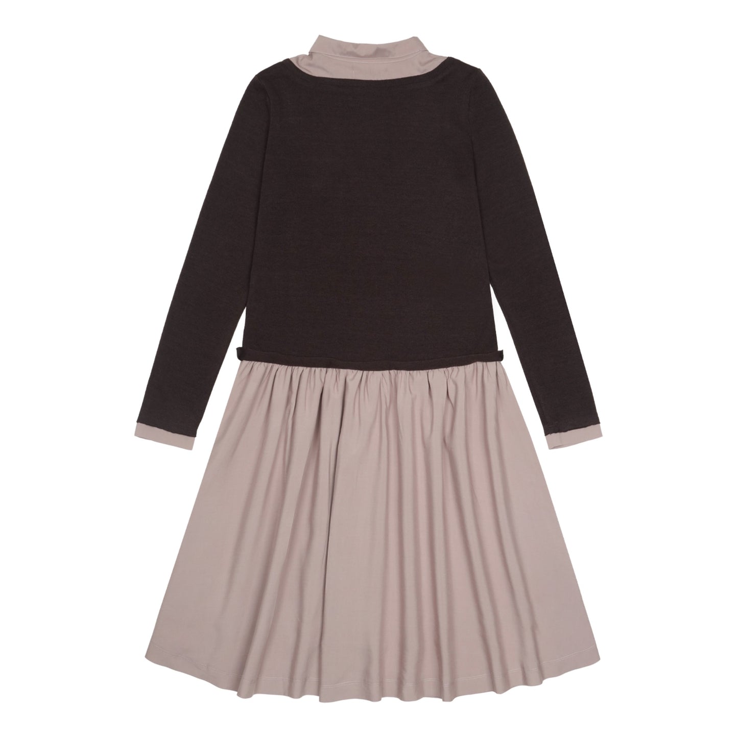 LAYERED SHIRT CARDIGAN SHIRRING DRESS / DARK BROWN / ニットレイヤードドレス