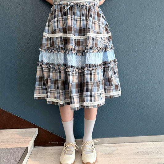 Lace Trim Ruffled Check Skirt / Blue / チェックフリルスカート