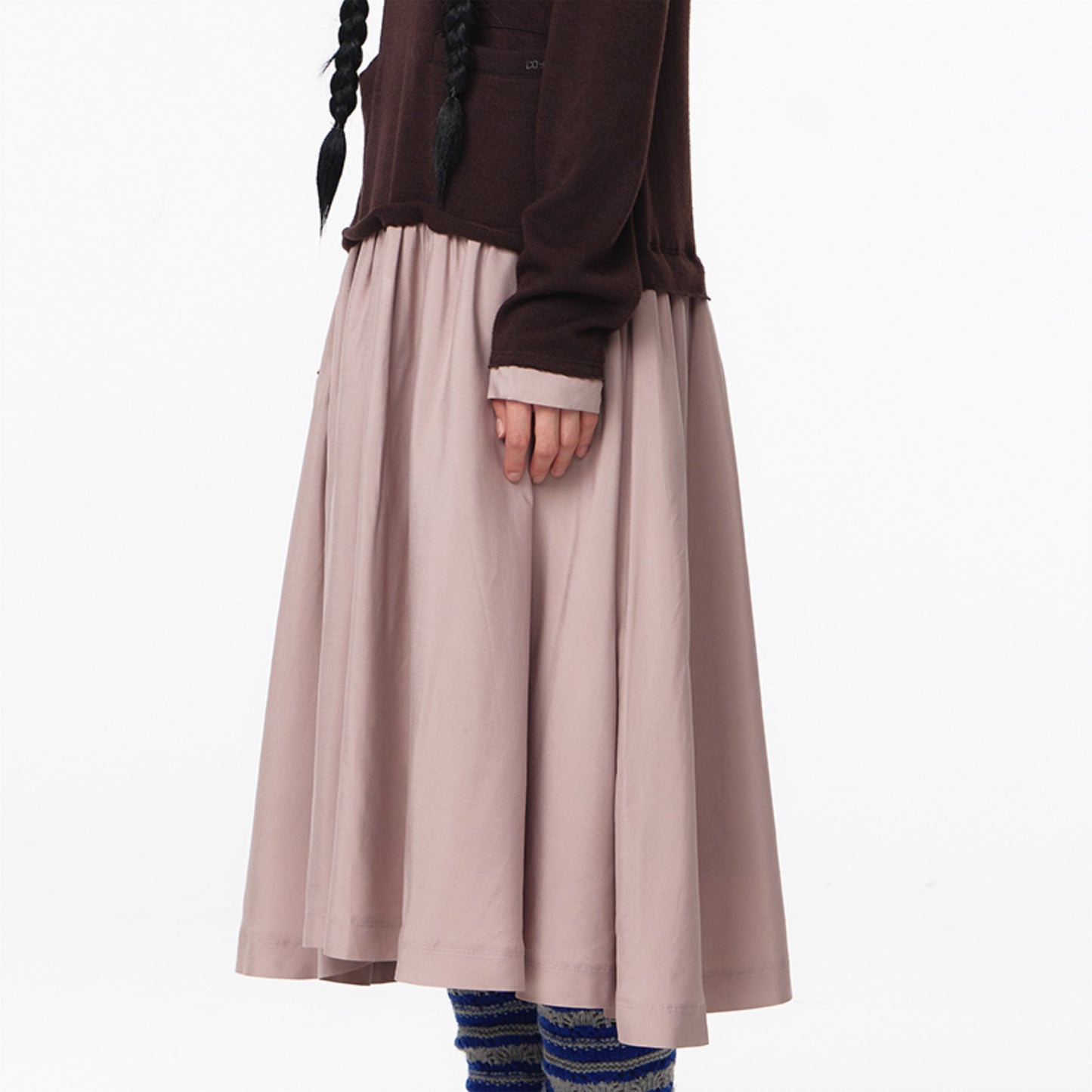 LAYERED SHIRT CARDIGAN SHIRRING DRESS / DARK BROWN / ニットレイヤードドレス