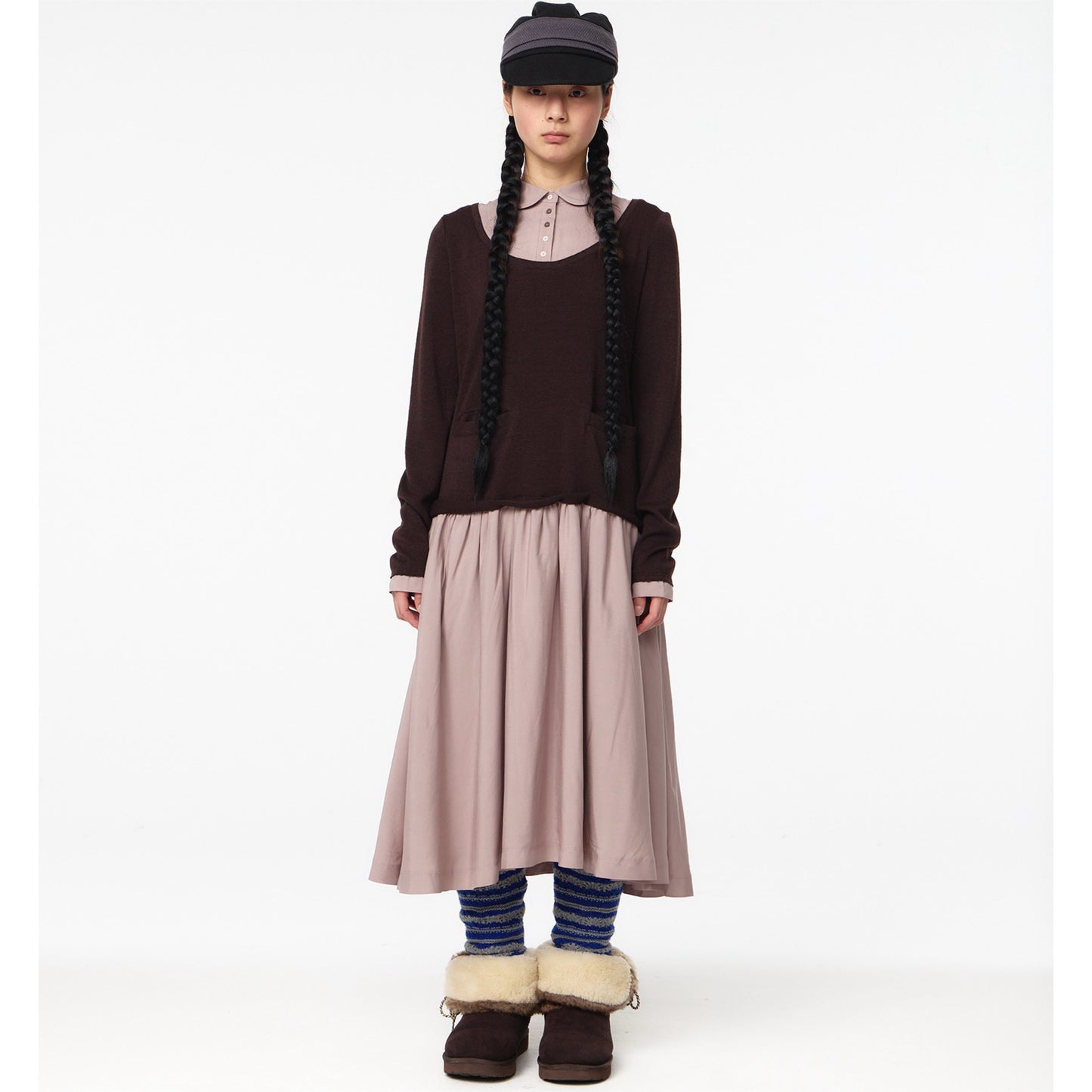 LAYERED SHIRT CARDIGAN SHIRRING DRESS / DARK BROWN / ニットレイヤードドレス