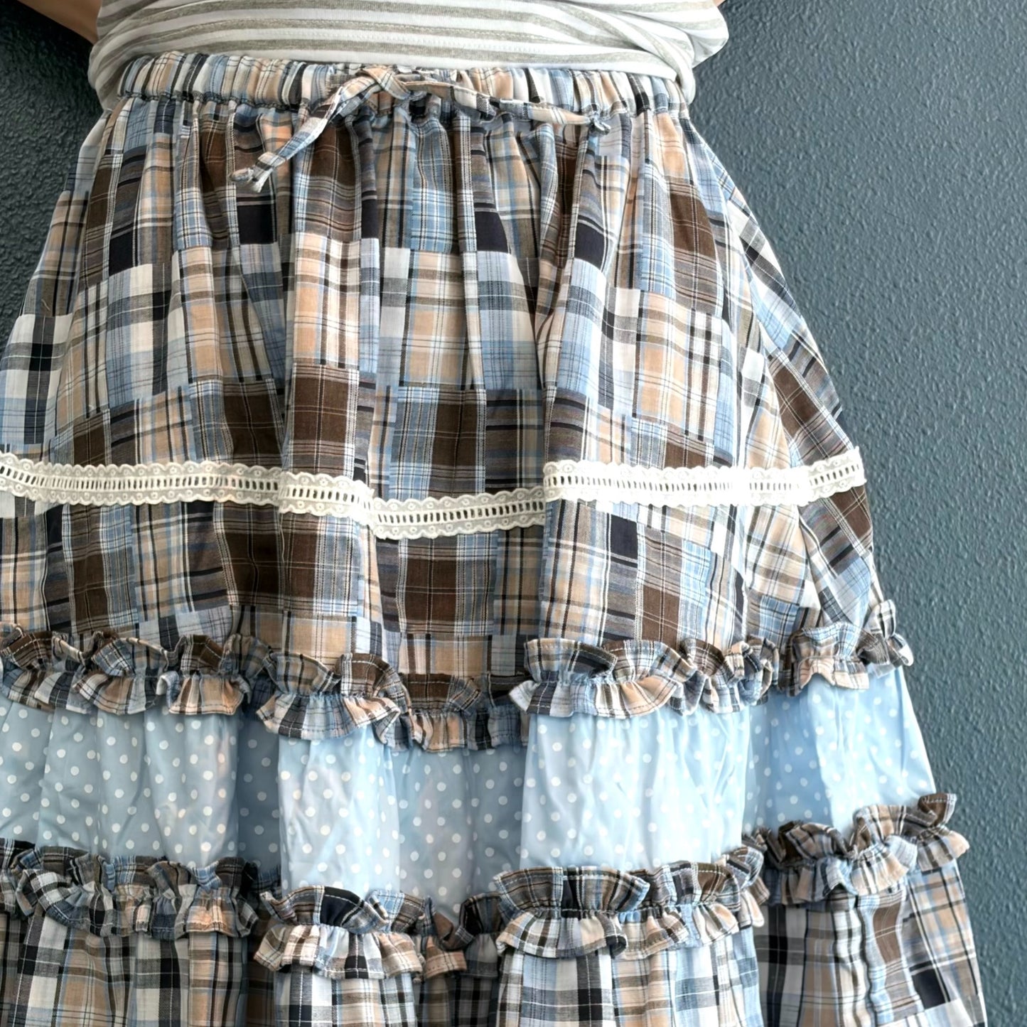 Lace Trim Ruffled Check Skirt / Blue / チェックフリルスカート