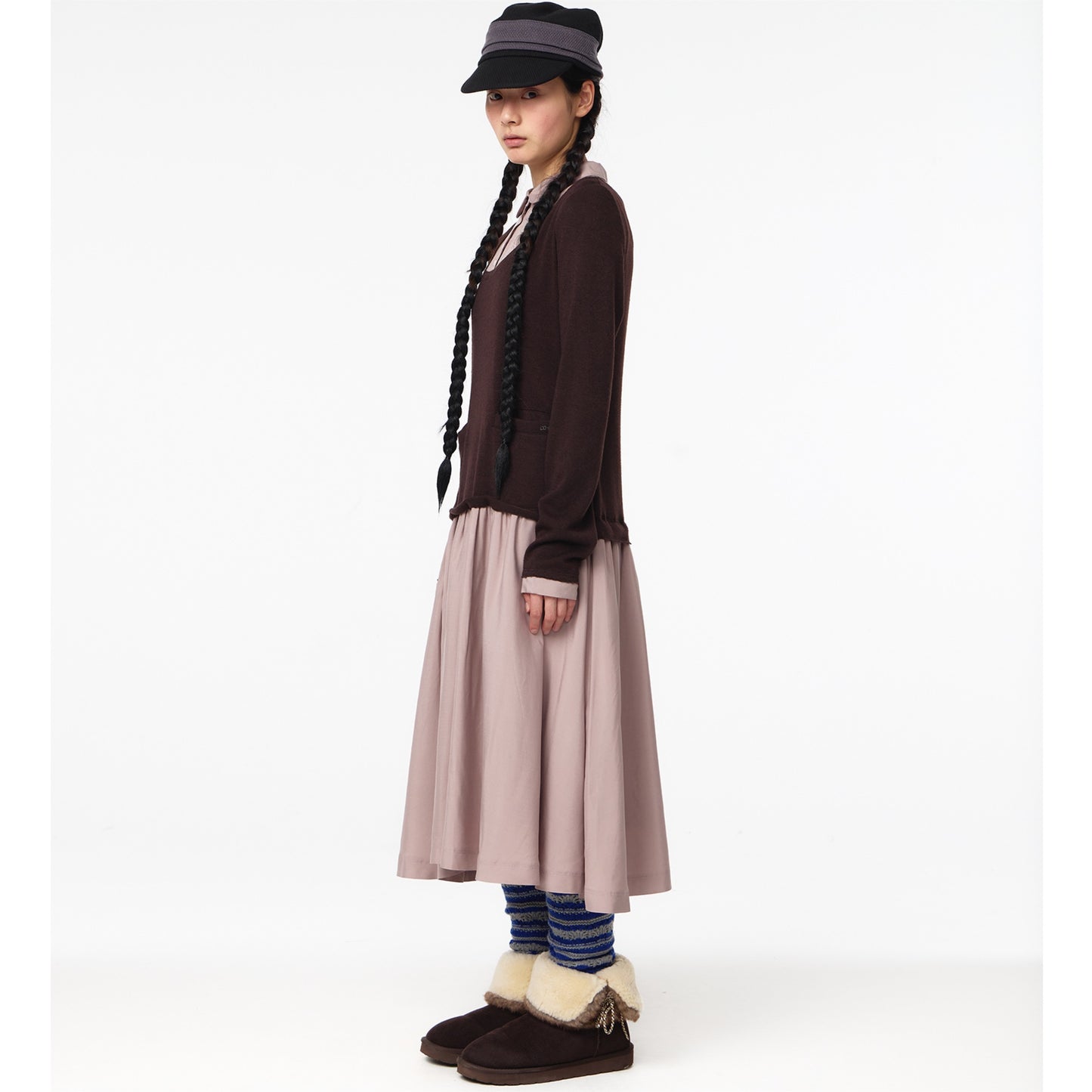 LAYERED SHIRT CARDIGAN SHIRRING DRESS / DARK BROWN / ニットレイヤードドレス