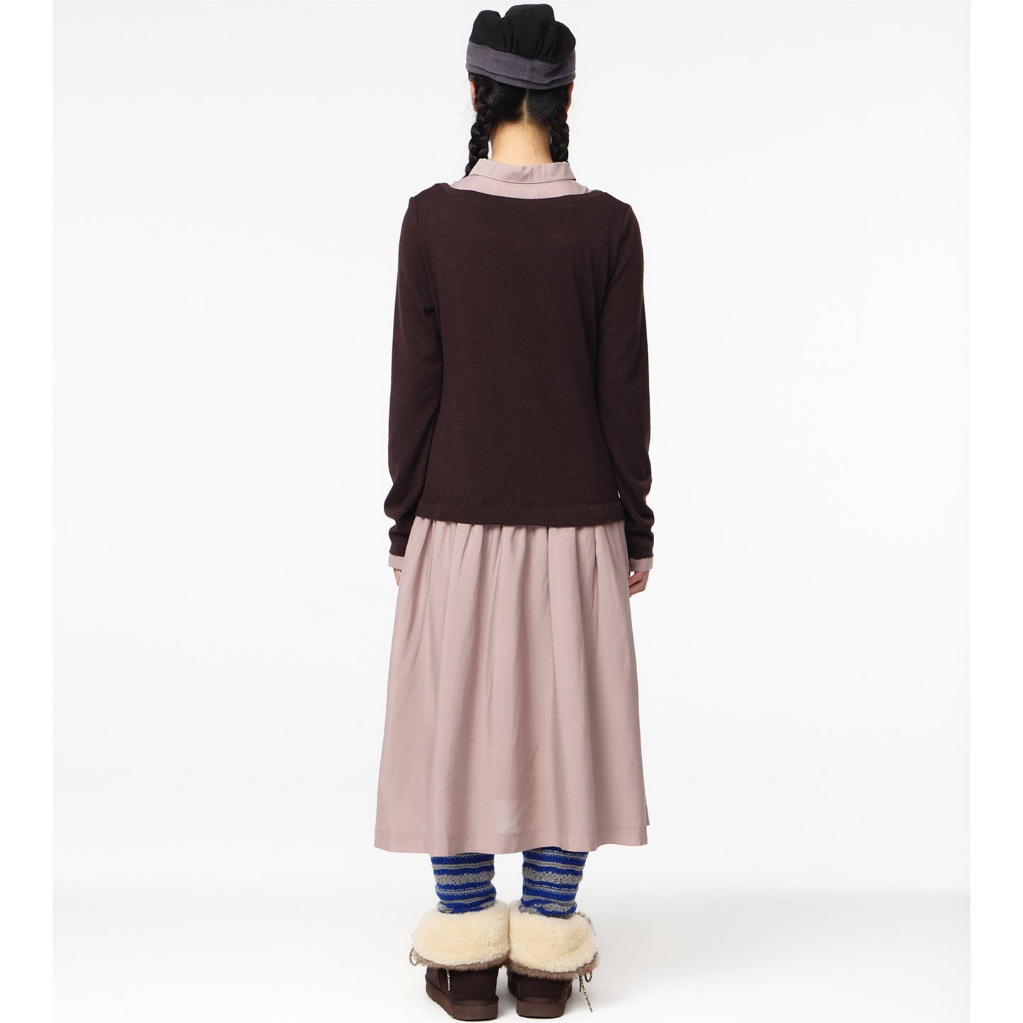 LAYERED SHIRT CARDIGAN SHIRRING DRESS / DARK BROWN / ニットレイヤードドレス