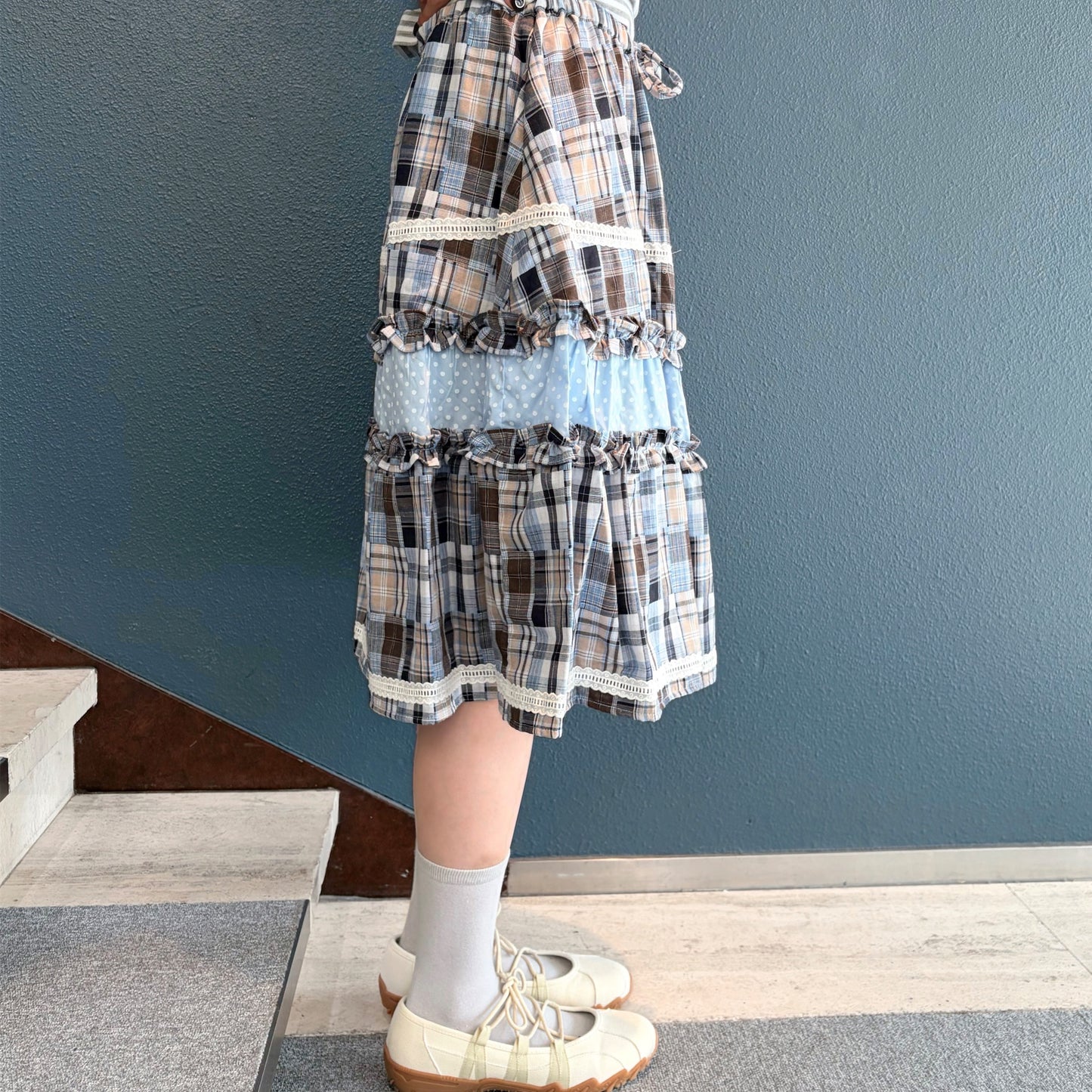 Lace Trim Ruffled Check Skirt / Blue / チェックフリルスカート