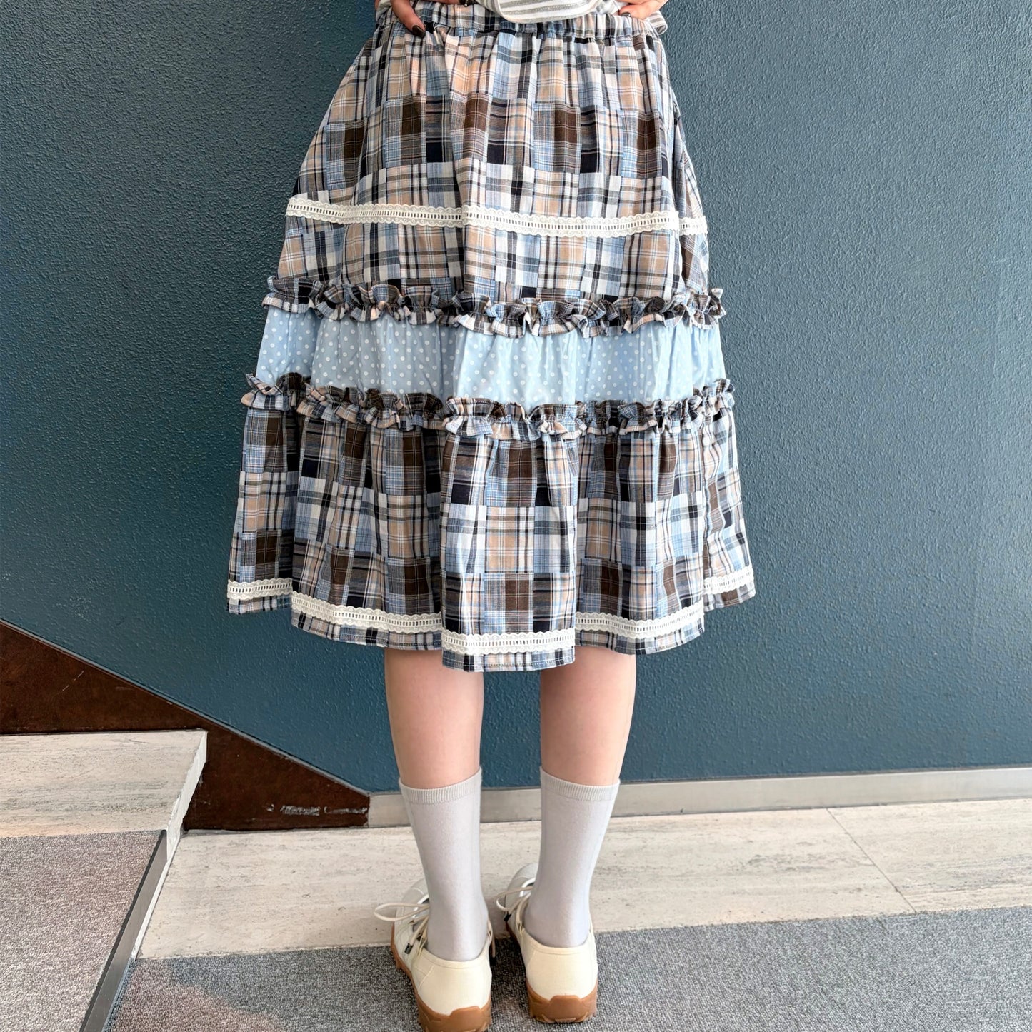 Lace Trim Ruffled Check Skirt / Blue / チェックフリルスカート
