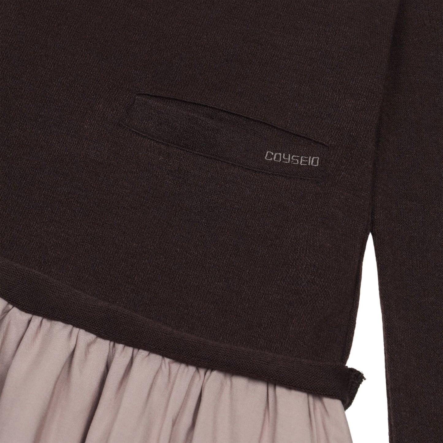 LAYERED SHIRT CARDIGAN SHIRRING DRESS / DARK BROWN / ニットレイヤードドレス