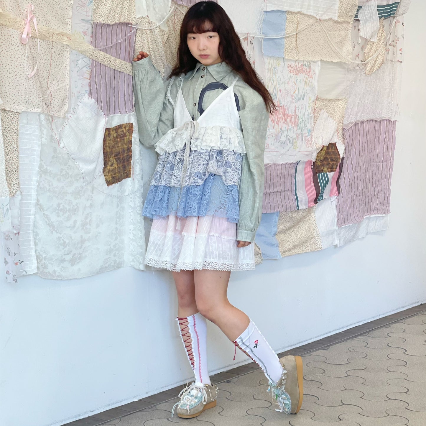 Lace Lace Top / White × blue / レーストップ