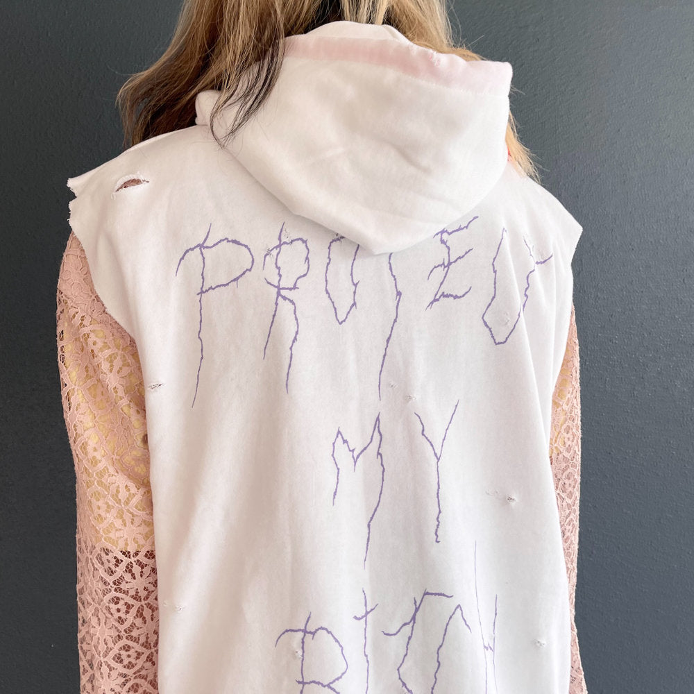 PROTECT MY BITCH SLEEVELESS HOODIE DISTRESSED VINTAGE WASH / WASHED WHITE / スリーブレスフーディー