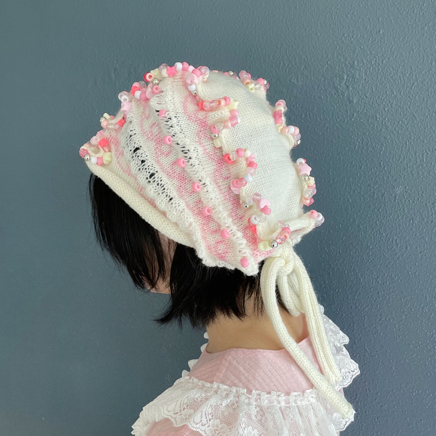 Frill knitted ribbon hat / White × Pink / フリルニットリボンハット