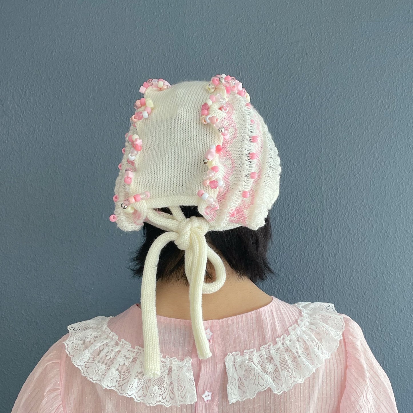 Frill knitted ribbon hat / White × Pink / フリルニットリボンハット