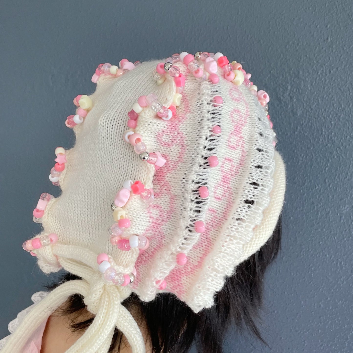Frill knitted ribbon hat / White × Pink / フリルニットリボンハット