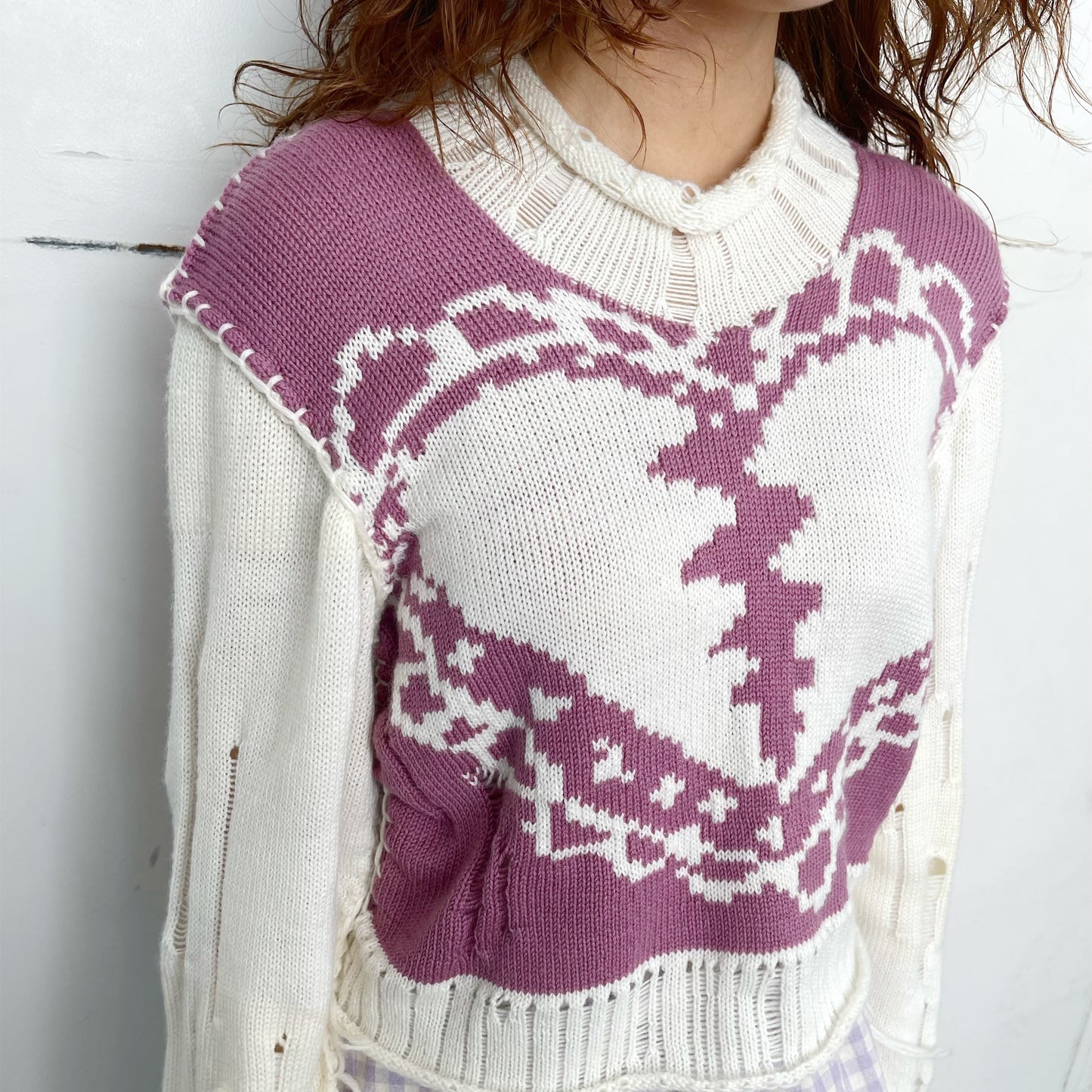 Lace heart jumper / White×Purple / レースハートニット