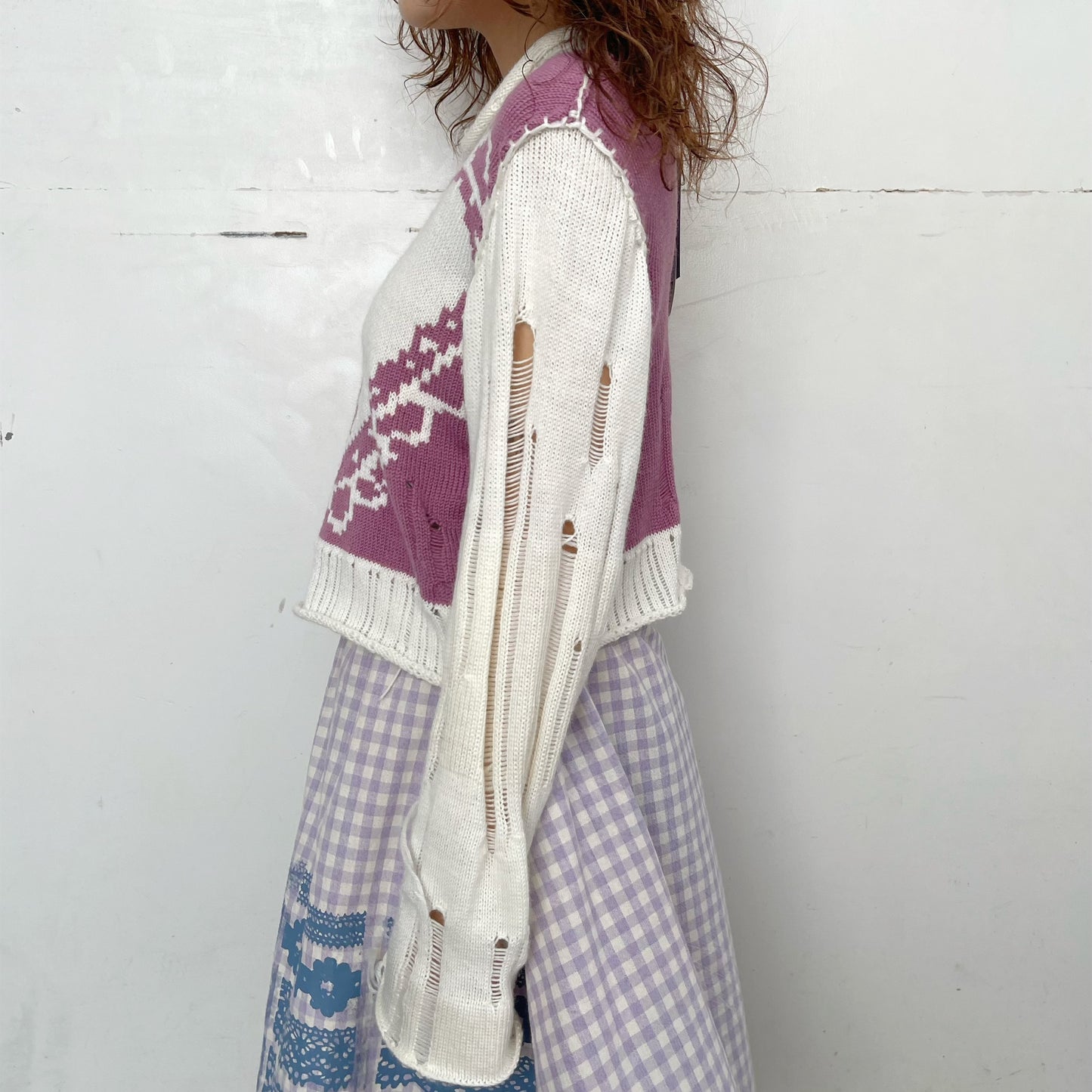 Lace heart jumper / White×Purple / レースハートニット